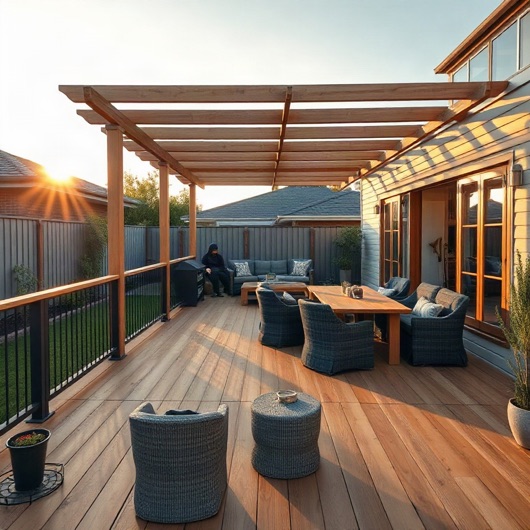 Instagram ad concept for a decking carpenter — timber deck and pergola at sunset