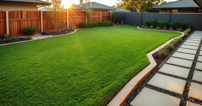 Facebook ad concept for a landscaping business — freshly landscaped backyard with new lawn
